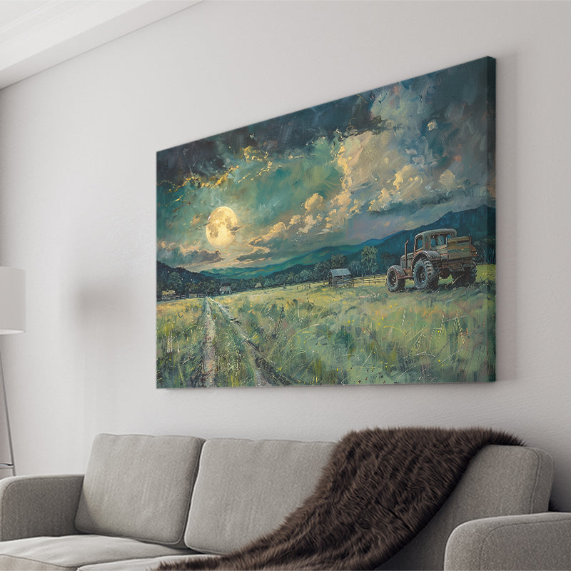 Old Tractor Garden in the Moonlight Painting Art, Art Print, Canvas Print Wall Art Home Decor