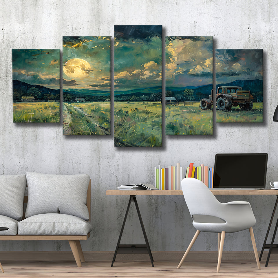 Old Tractor Garden in the Moonlight Painting Art, Multi Panel,Mixed Canvas Print Wall Art Decor