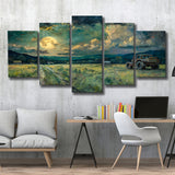 Old Tractor Garden in the Moonlight Painting Art, Multi Panel,Mixed Canvas Print Wall Art Decor