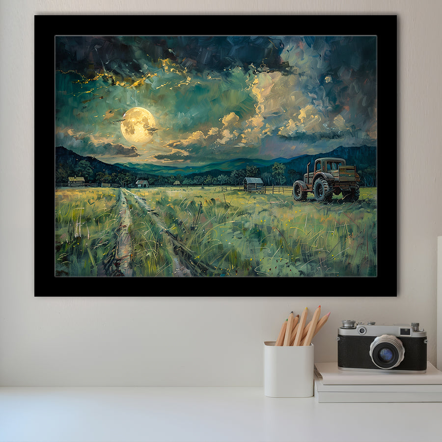 Old Tractor Garden in the Moonlight Painting Art, Painting Art, Framed Art Print Wall Art Home Decor