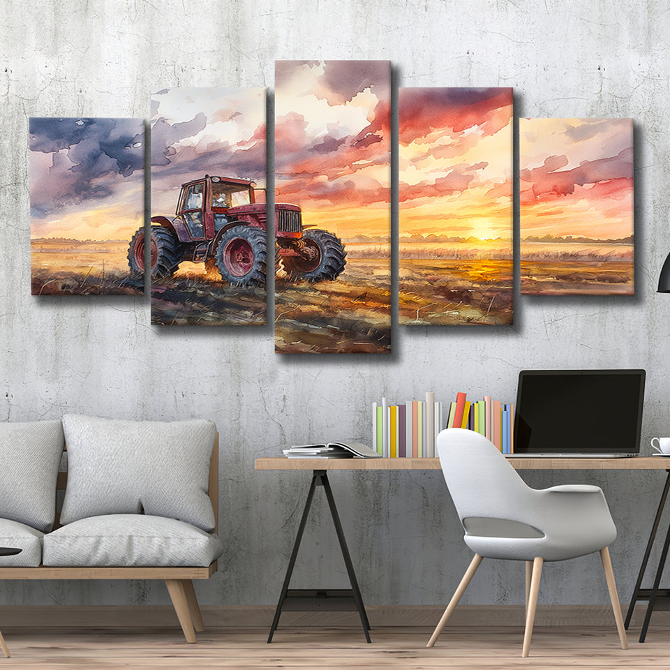 Old Tractor In Sunset Field Watercolor Painting, Multi Panel,Mixed Canvas Print Wall Art Decor
