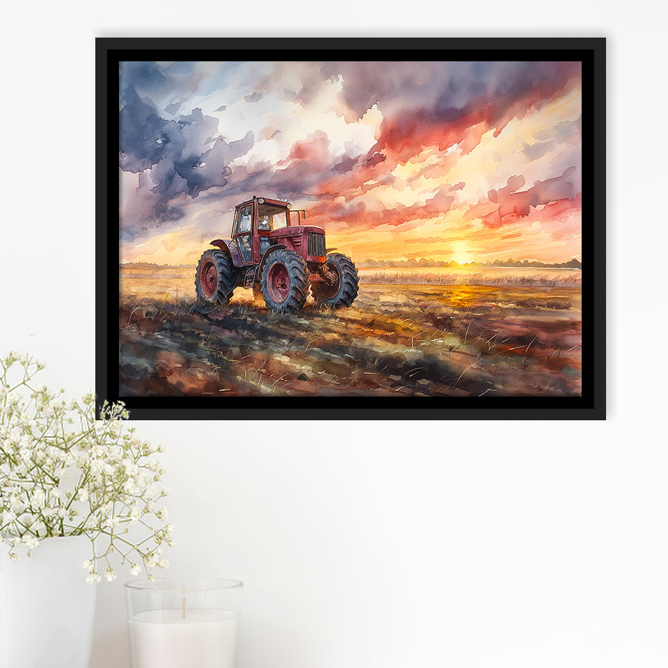 Old Tractor In Sunset Field Watercolor Painting, Floating Frame, Framed Canvas Print Wall Art Home Decor