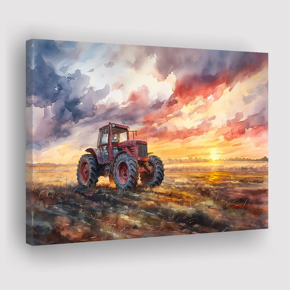 Old Tractor In Sunset Field Watercolor Painting, Art Print, Canvas Print Wall Art Home Decor