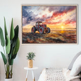 Old Tractor In Sunset Field Watercolor Painting, Floating Frame, Framed Canvas Print Wall Art Home Decor