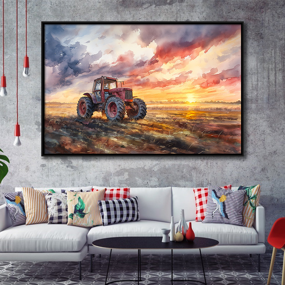 Old Tractor In Sunset Field Watercolor Painting, Floating Frame, Framed Canvas Print Wall Art Home Decor