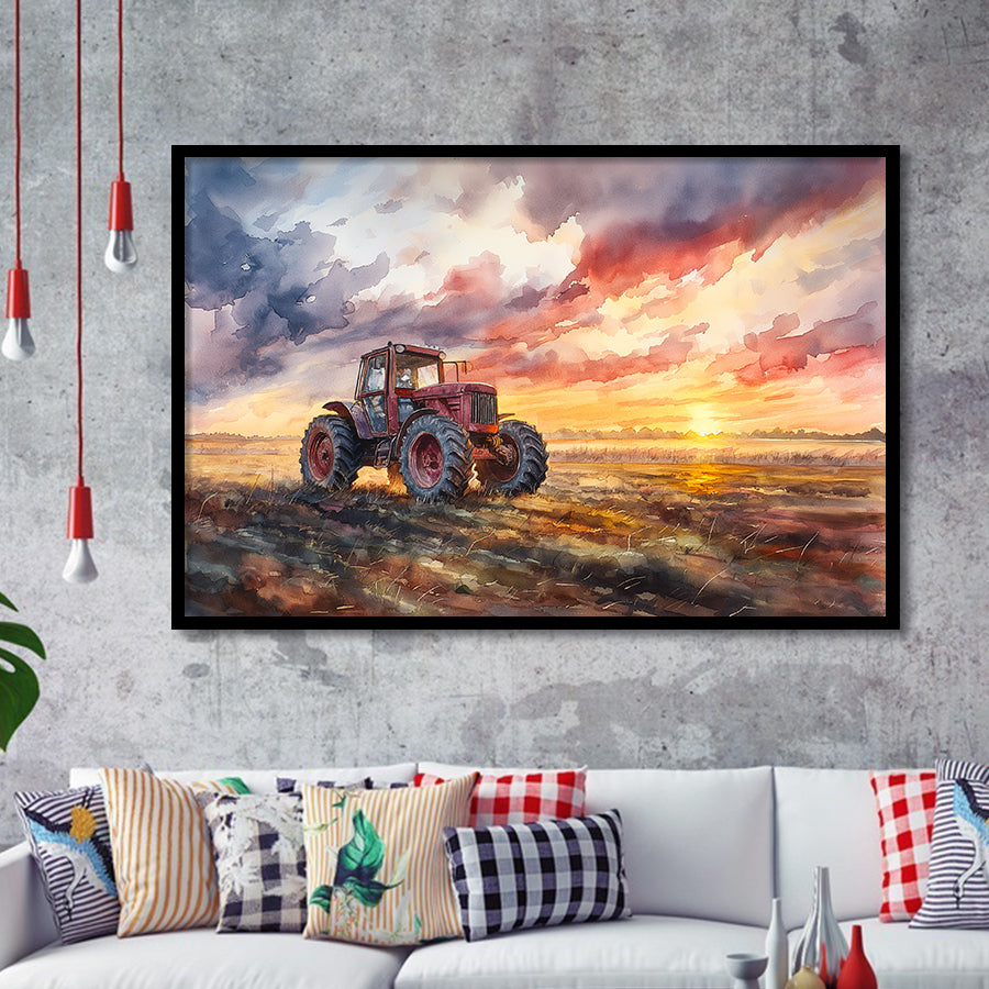 Old Tractor In Sunset Field Watercolor Painting, Painting Art, Framed Art Print Wall Art Home Decor
