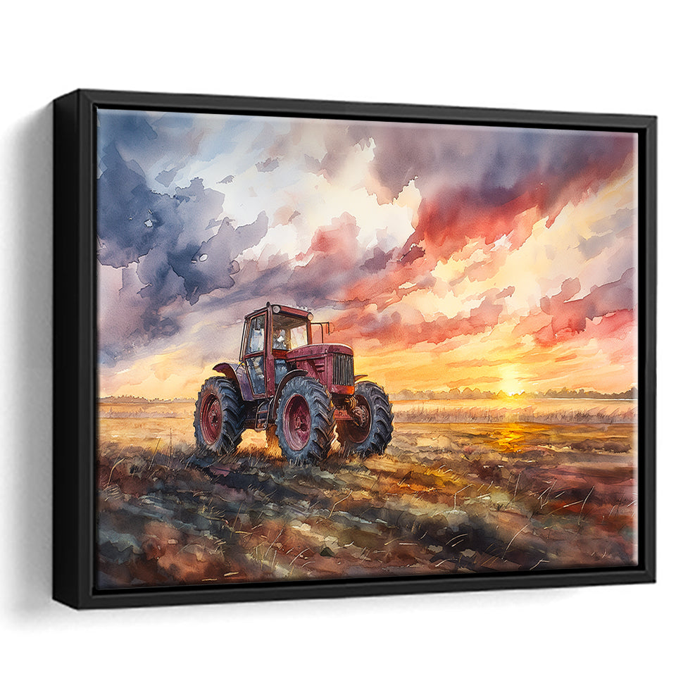 Old Tractor In Sunset Field Watercolor Painting, Floating Frame, Framed Canvas Print Wall Art Home Decor