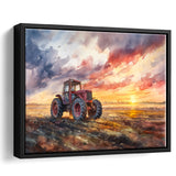 Old Tractor In Sunset Field Watercolor Painting, Floating Frame, Framed Canvas Print Wall Art Home Decor