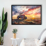 Old Tractor In Sunset Field Watercolor Painting, Floating Frame, Framed Canvas Print Wall Art Home Decor