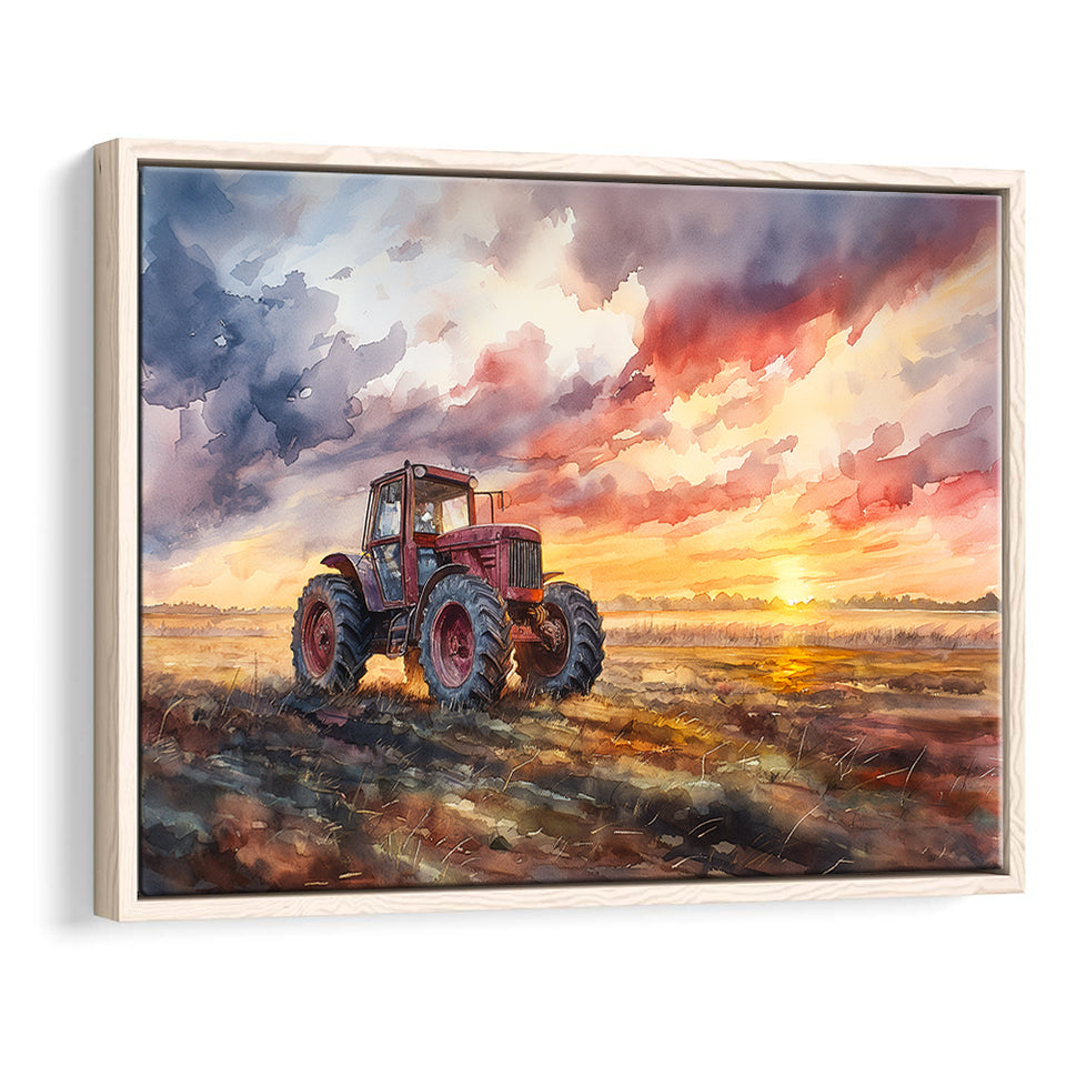 Old Tractor In Sunset Field Watercolor Painting, Floating Frame, Framed Canvas Print Wall Art Home Decor
