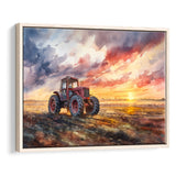 Old Tractor In Sunset Field Watercolor Painting, Floating Frame, Framed Canvas Print Wall Art Home Decor