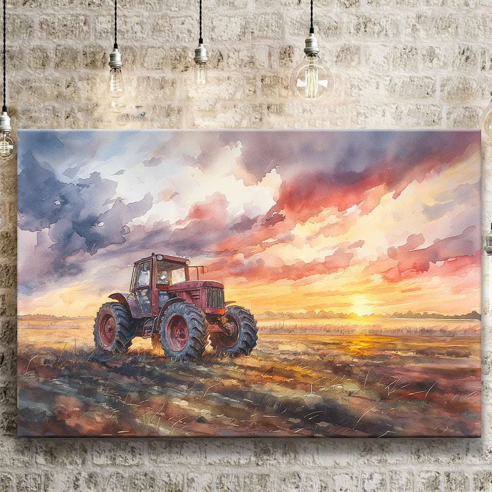 Old Tractor In Sunset Field Watercolor Painting, Art Print, Canvas Print Wall Art Home Decor