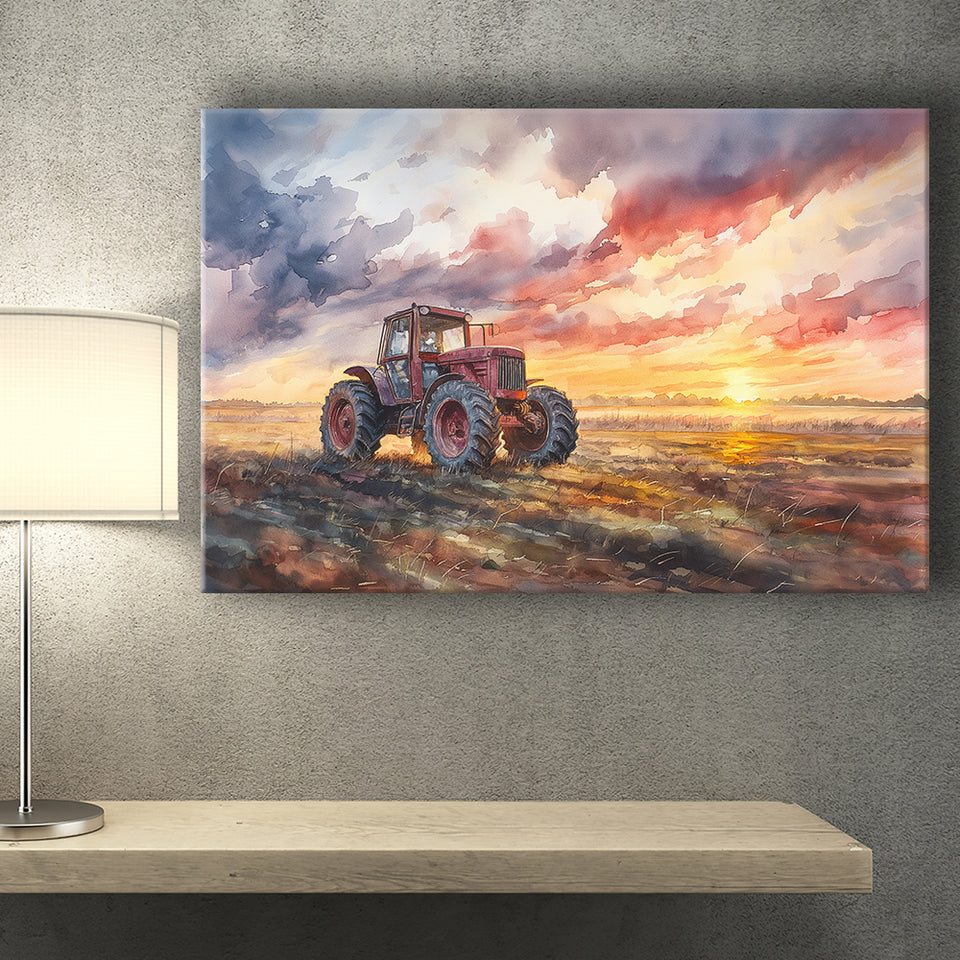 Old Tractor In Sunset Field Watercolor Painting, Art Print, Canvas Print Wall Art Home Decor