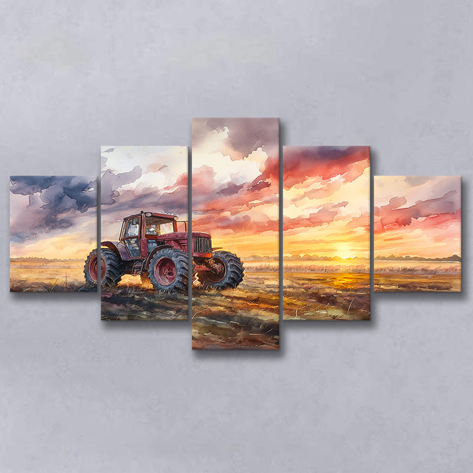 Old Tractor In Sunset Field Watercolor Painting, Multi Panel,Mixed Canvas Print Wall Art Decor