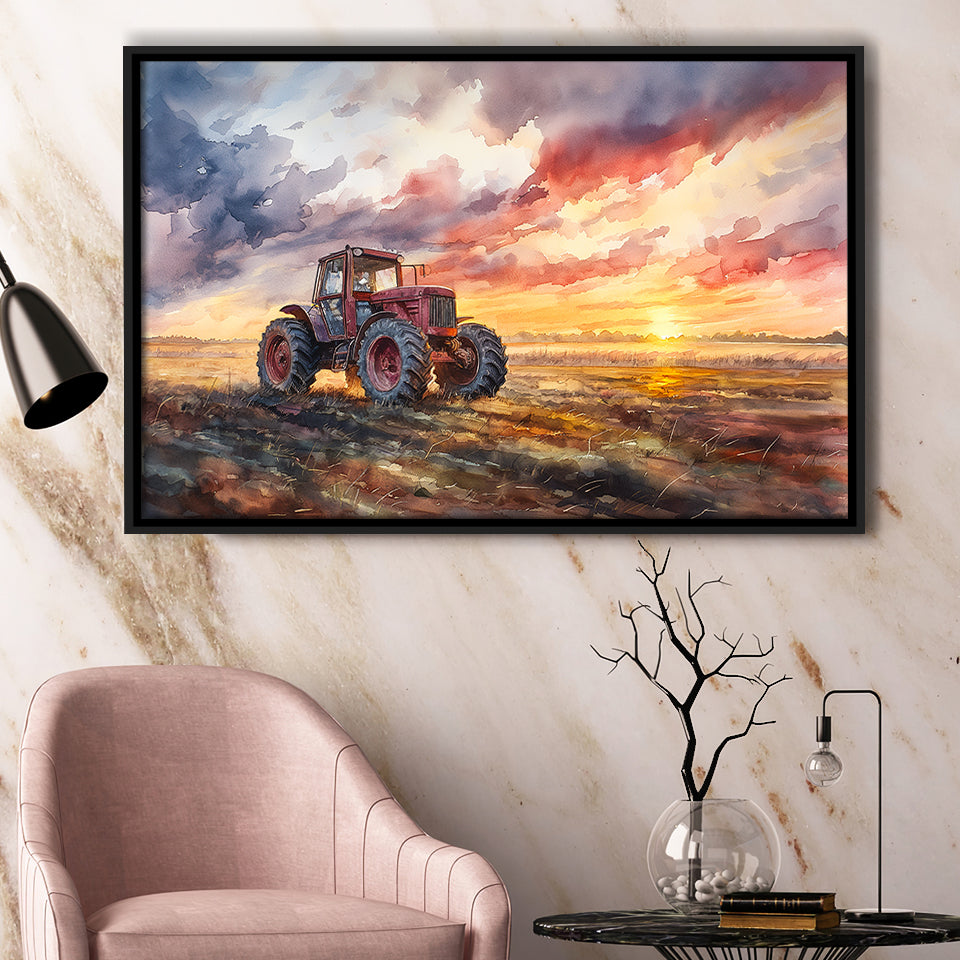 Old Tractor In Sunset Field Watercolor Painting, Floating Frame, Framed Canvas Print Wall Art Home Decor