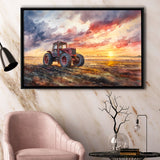Old Tractor In Sunset Field Watercolor Painting, Floating Frame, Framed Canvas Print Wall Art Home Decor