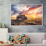 Old Tractor In Sunset Field Watercolor Painting, Floating Frame, Framed Canvas Print Wall Art Home Decor