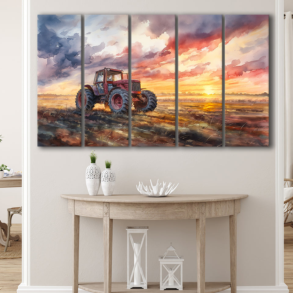 Old Tractor In Sunset Field Watercolor Painting, Extra Large Canvas, Canvas Print Wall Art Decor