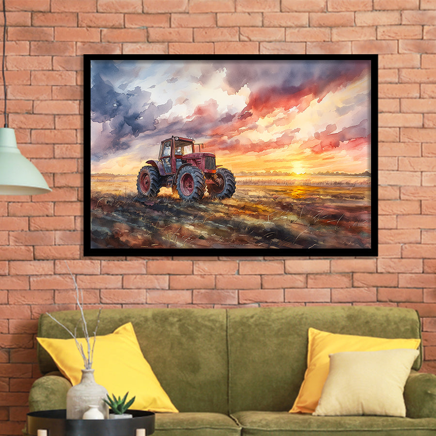Old Tractor In Sunset Field Watercolor Painting, Painting Art, Framed Art Print Wall Art Home Decor