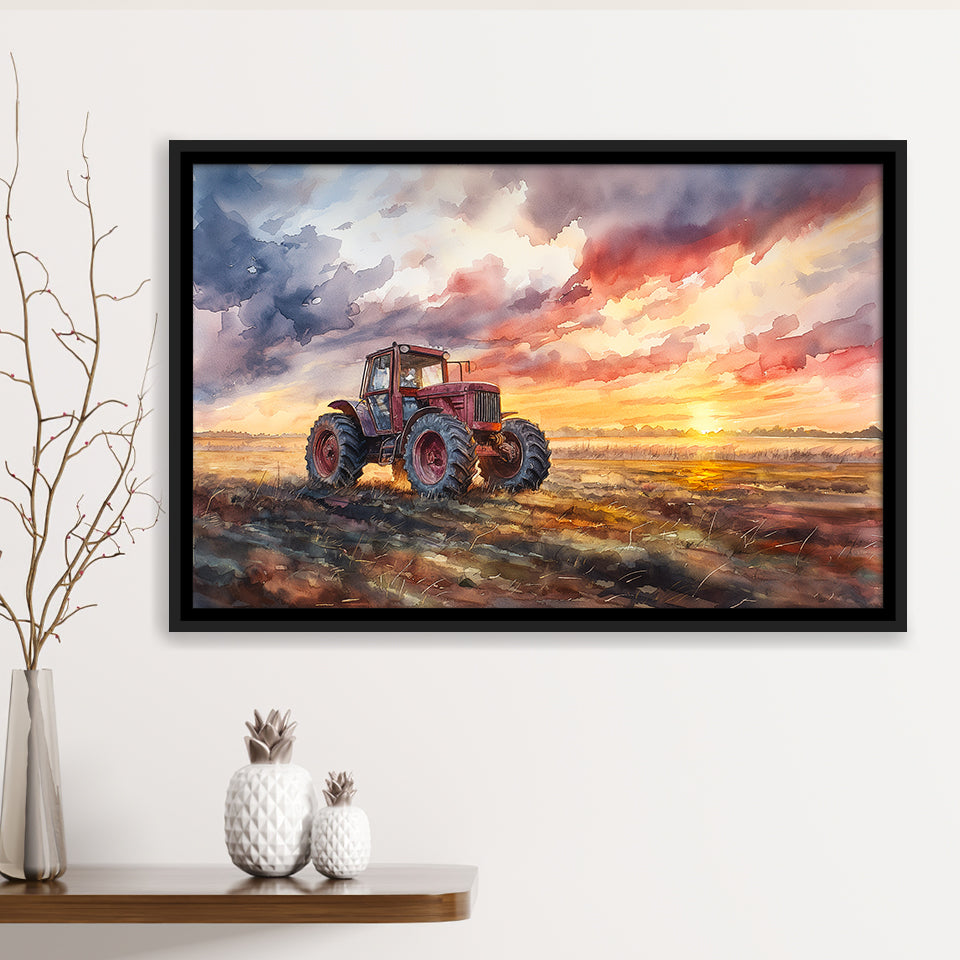Old Tractor In Sunset Field Watercolor Painting, Floating Frame, Framed Canvas Print Wall Art Home Decor