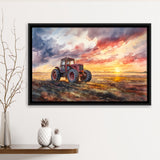 Old Tractor In Sunset Field Watercolor Painting, Floating Frame, Framed Canvas Print Wall Art Home Decor