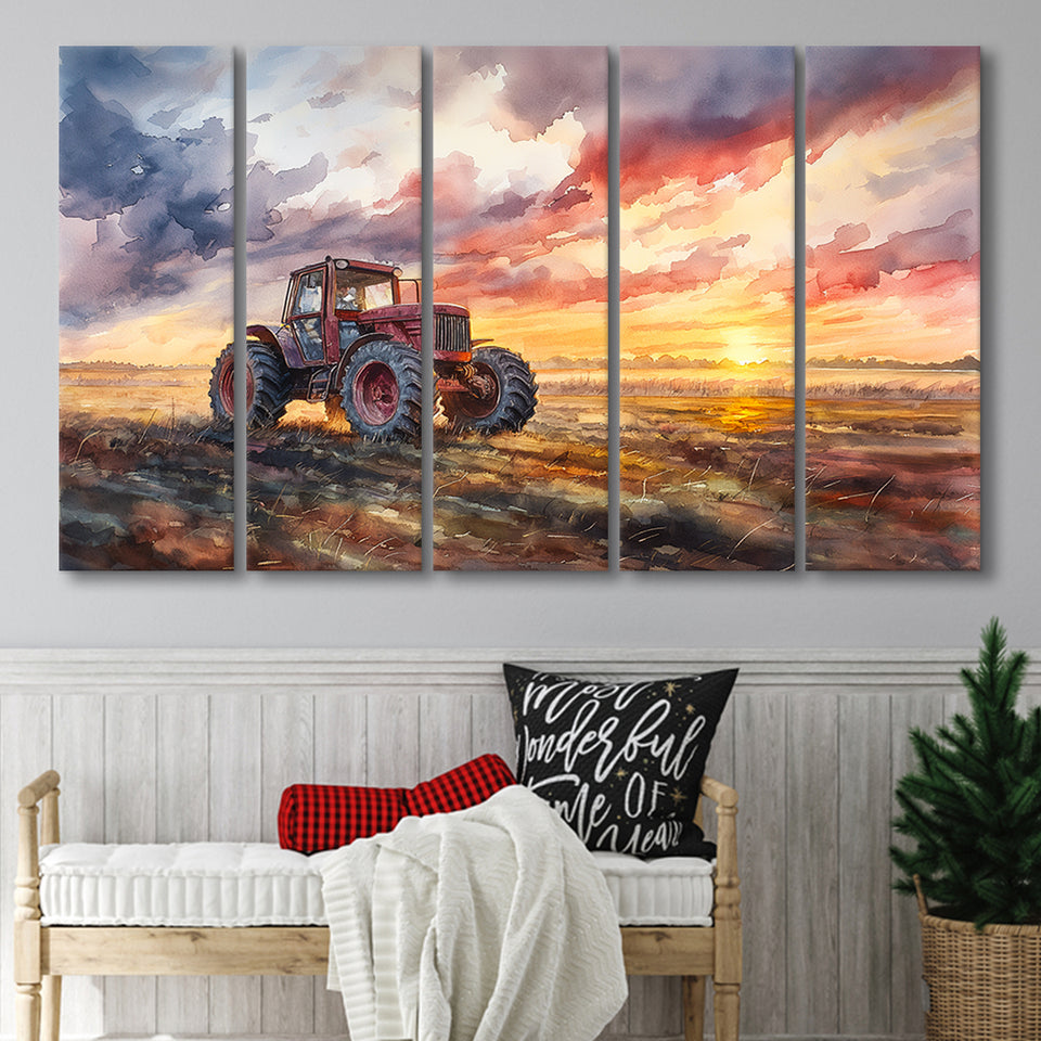 Old Tractor In Sunset Field Watercolor Painting, Extra Large Canvas, Canvas Print Wall Art Decor