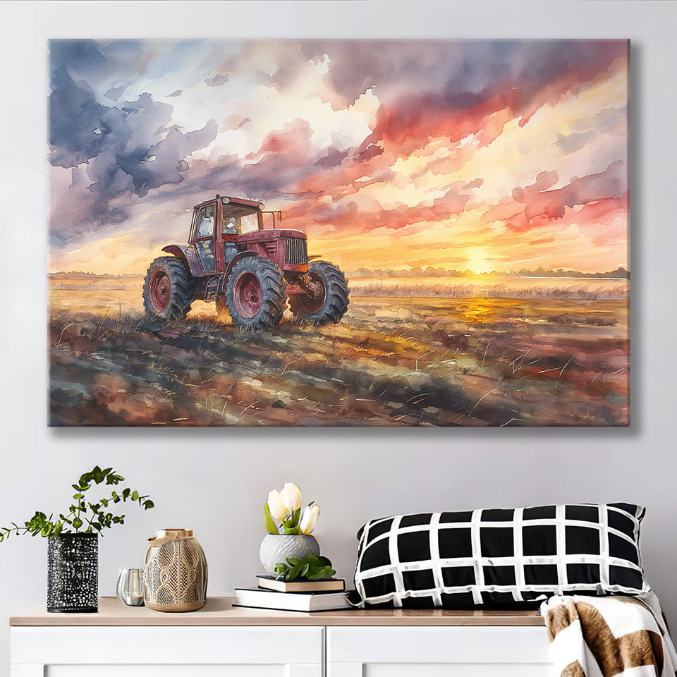 Old Tractor In Sunset Field Watercolor Painting, Art Print, Canvas Print Wall Art Home Decor