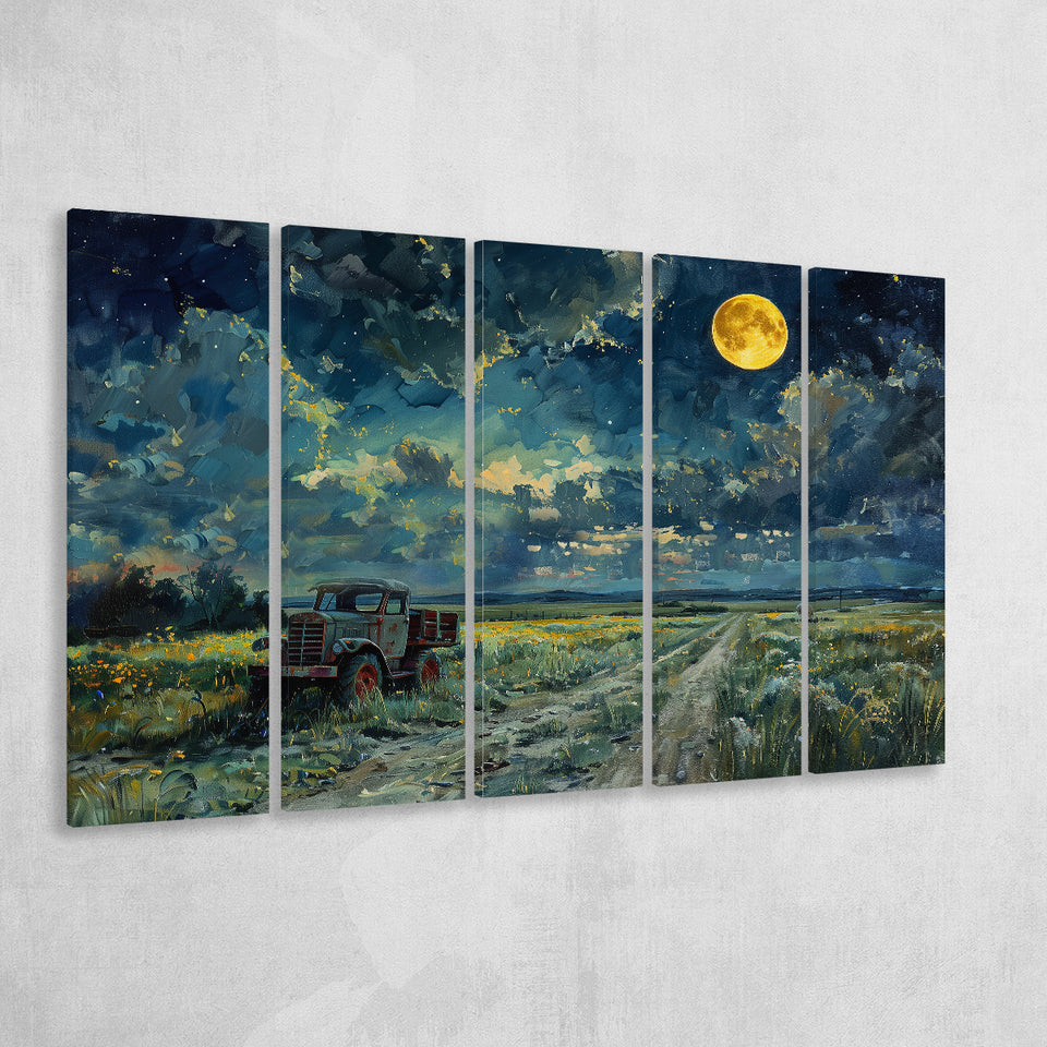 Old Tractor in Field Moonlight Painting Art, Extra Large Canvas, Canvas Print Wall Art Decor