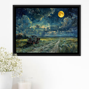 Old Tractor in Field Moonlight Painting Art, Floating Frame, Framed Canvas Print Wall Art Home Decor