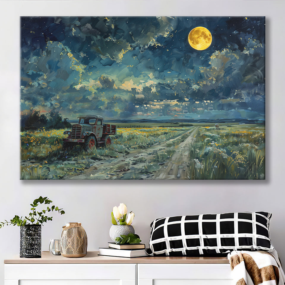 Old Tractor in Field Moonlight Painting Art, Art Print, Canvas Print Wall Art Home Decor