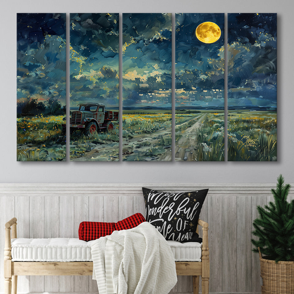 Old Tractor in Field Moonlight Painting Art, Extra Large Canvas, Canvas Print Wall Art Decor