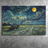 Old Tractor in Field Moonlight Painting Art, Art Print, Canvas Print Wall Art Home Decor