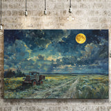 Old Tractor in Field Moonlight Painting Art, Art Print, Canvas Print Wall Art Home Decor