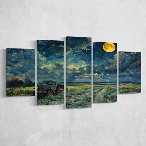 Old Tractor in Field Moonlight Painting Art, Multi Panel,Mixed Canvas Print Wall Art Decor