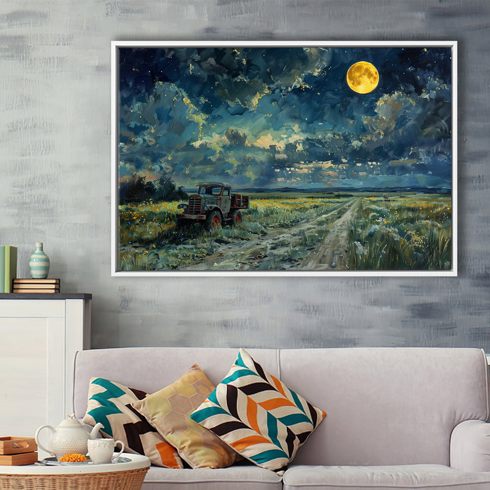 Old Tractor in Field Moonlight Painting Art, Floating Frame, Framed Canvas Print Wall Art Home Decor