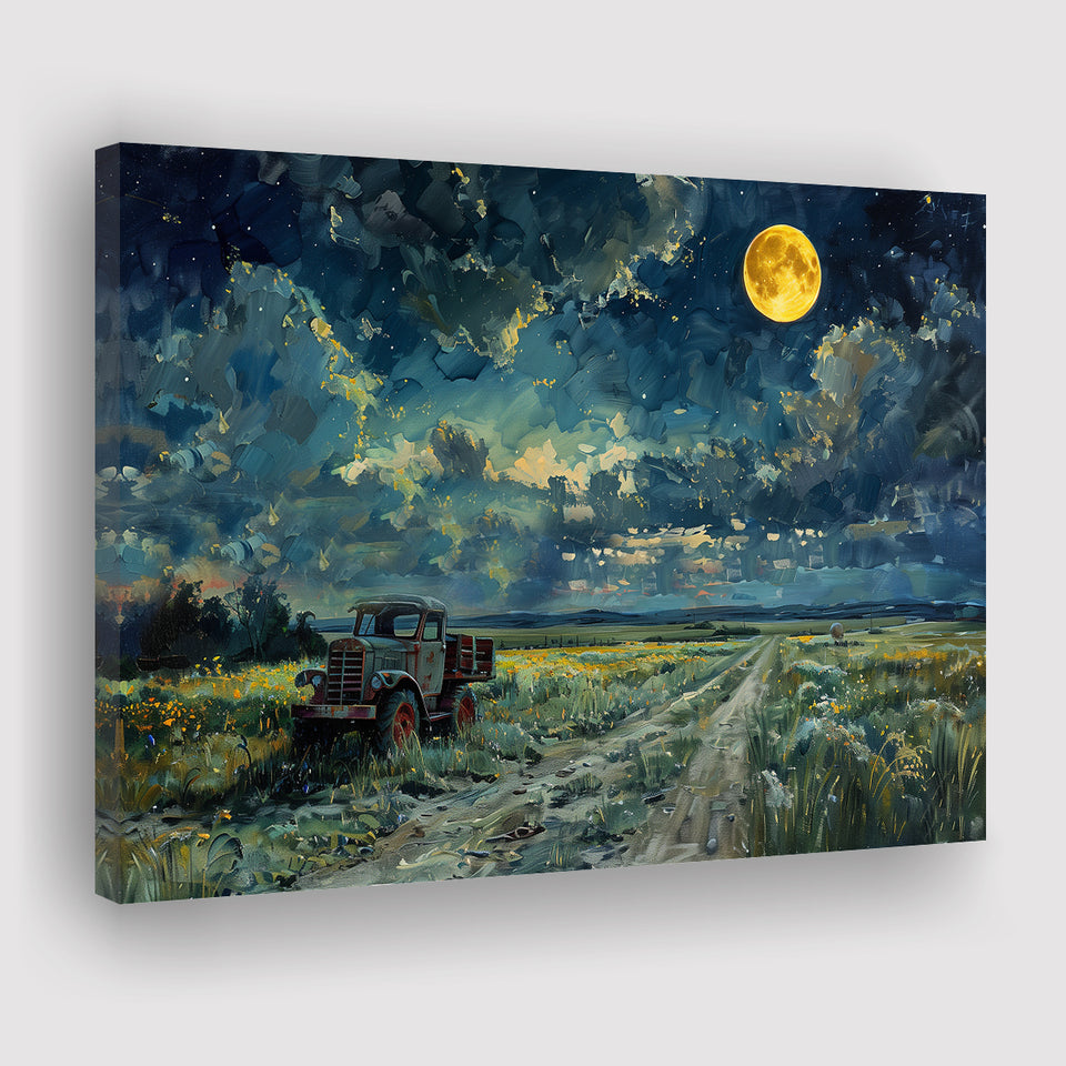 Old Tractor in Field Moonlight Painting Art, Art Print, Canvas Print Wall Art Home Decor