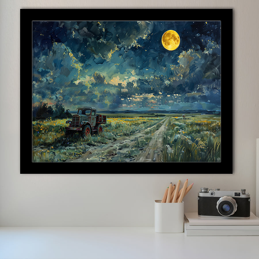 Old Tractor in Field Moonlight Painting Art, Painting Art, Framed Art Print Wall Art Home Decor
