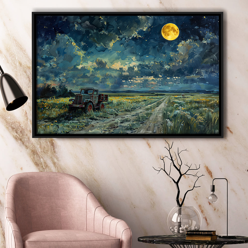 Old Tractor in Field Moonlight Painting Art, Floating Frame, Framed Canvas Print Wall Art Home Decor