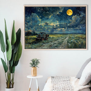 Old Tractor in Field Moonlight Painting Art, Floating Frame, Framed Canvas Print Wall Art Home Decor