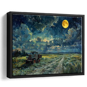 Old Tractor in Field Moonlight Painting Art, Floating Frame, Framed Canvas Print Wall Art Home Decor