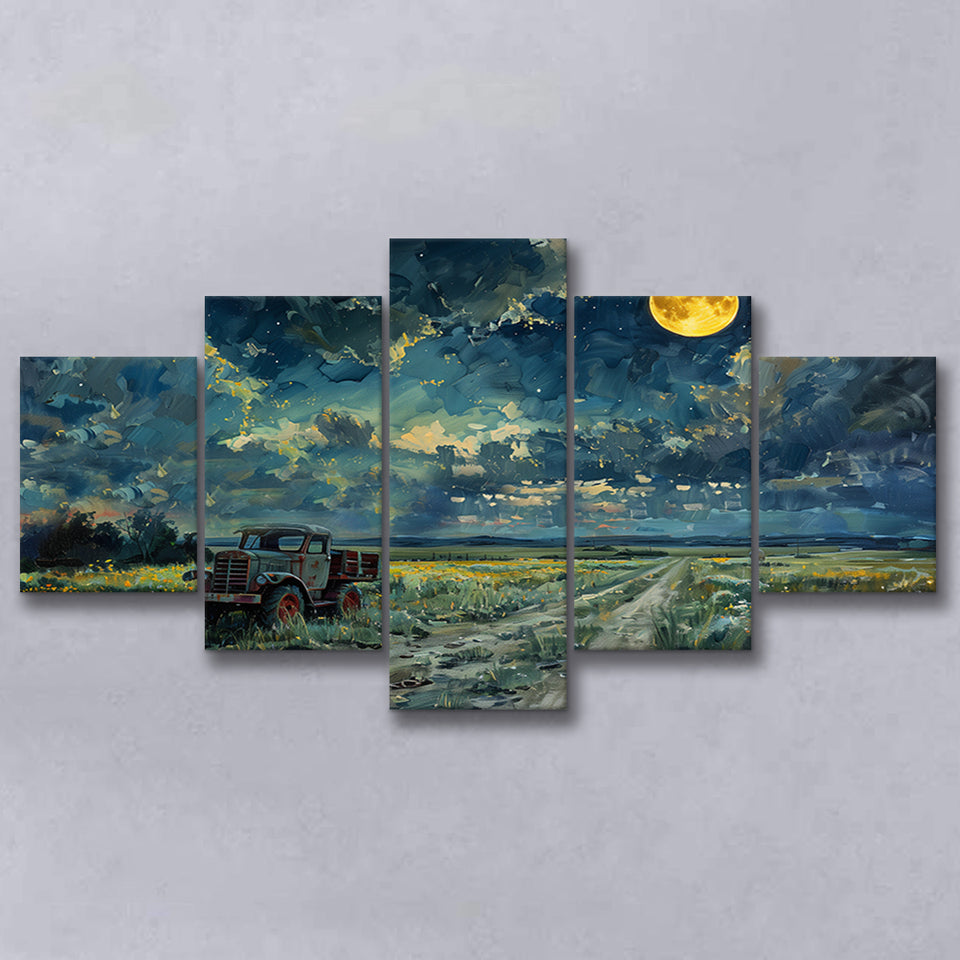 Old Tractor in Field Moonlight Painting Art, Multi Panel,Mixed Canvas Print Wall Art Decor
