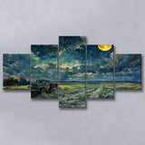 Old Tractor in Field Moonlight Painting Art, Multi Panel,Mixed Canvas Print Wall Art Decor