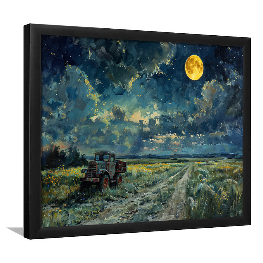 Old Tractor in Field Moonlight Painting Art, Painting Art, Framed Art Print Wall Art Home Decor