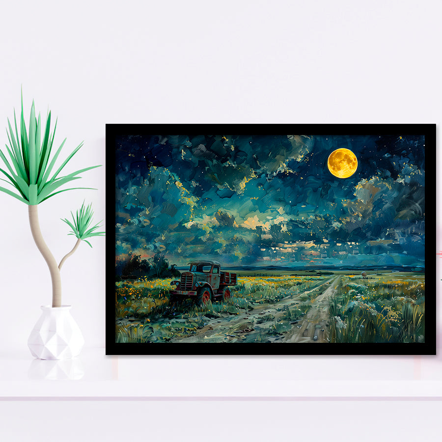Old Tractor in Field Moonlight Painting Art, Painting Art, Framed Art Print Wall Art Home Decor