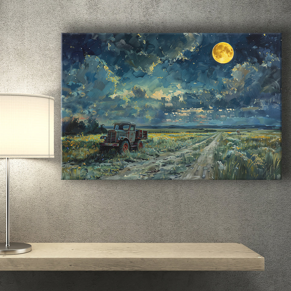 Old Tractor in Field Moonlight Painting Art, Art Print, Canvas Print Wall Art Home Decor