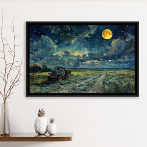 Old Tractor in Field Moonlight Painting Art, Floating Frame, Framed Canvas Print Wall Art Home Decor