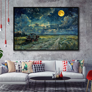 Old Tractor in Field Moonlight Painting Art, Floating Frame, Framed Canvas Print Wall Art Home Decor