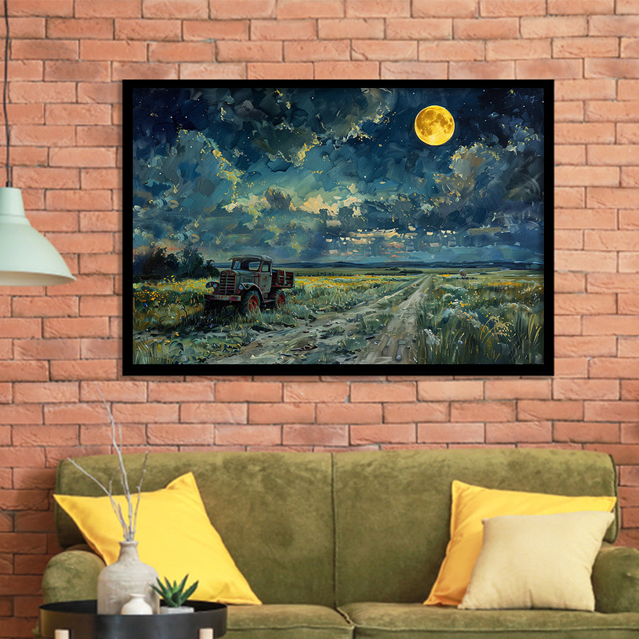 Old Tractor in Field Moonlight Painting Art, Painting Art, Framed Art Print Wall Art Home Decor