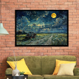 Old Tractor in Field Moonlight Painting Art, Painting Art, Framed Art Print Wall Art Home Decor