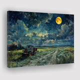 Old Tractor in Field Moonlight Painting Art, Art Print, Canvas Print Wall Art Home Decor